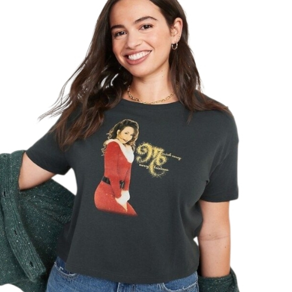 MARIAH CAREY Merry Christmas cropped short sleeve tee shirt‎ M